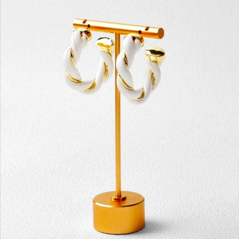 18K Luxury Gold Tone Twisted Leather Minimalist Upscale Hoop Earrings